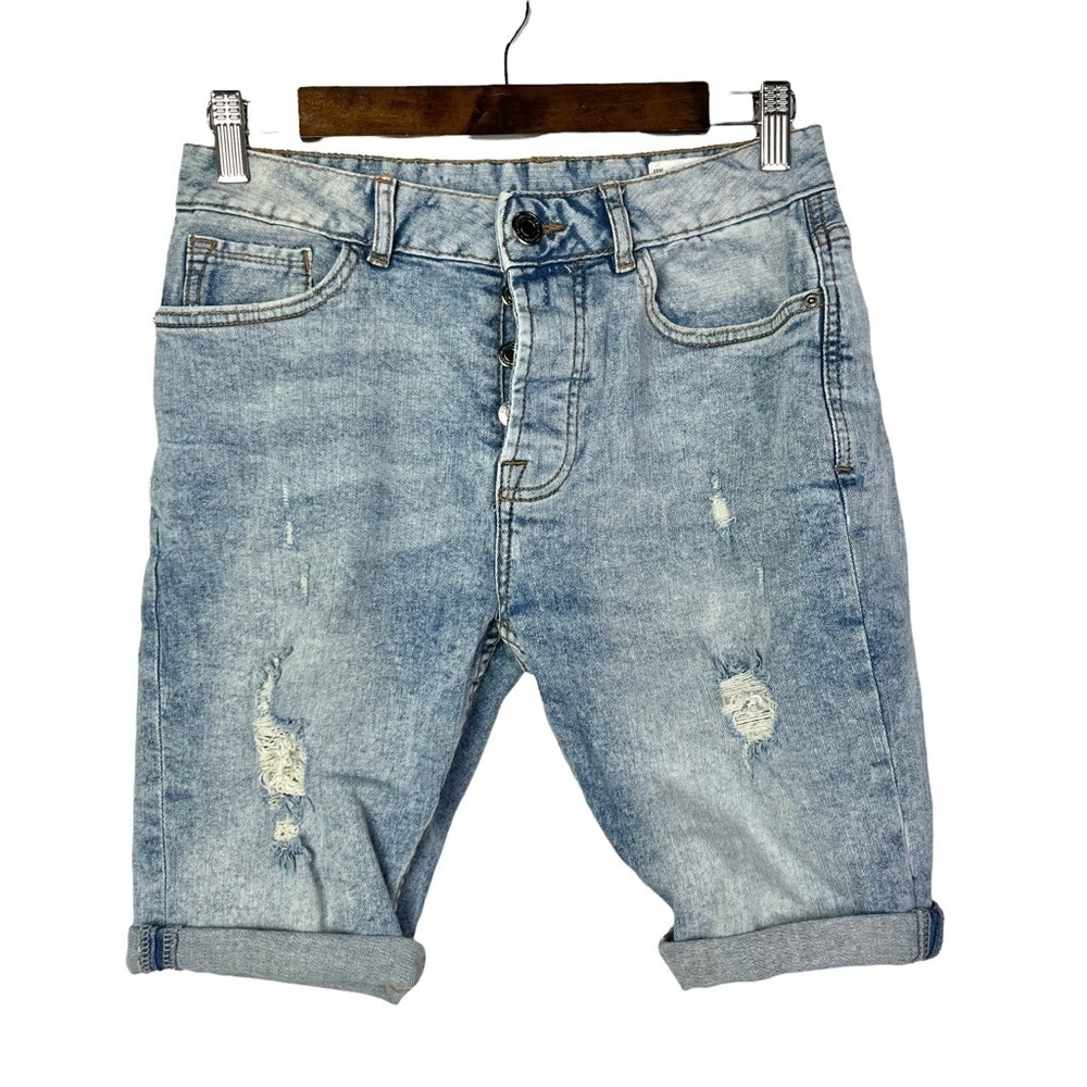 ASOS Denim CO Blue‎ Distressed Knee Length Button Fly Slim Fit Denim Shorts 4
